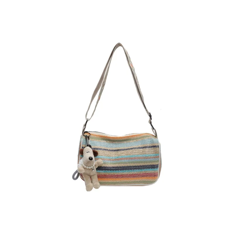 Yalu Straw Woven Shoulder Bag Regular Women's White/Black-5