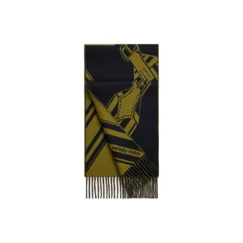 HERMES Cashmere Knit Scarves Men's Green/Navy