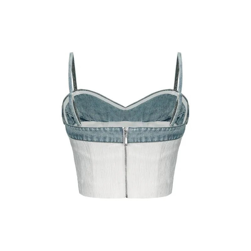 GIMING Color Block Textured Camisole Strapless Top Women's Blue White-1