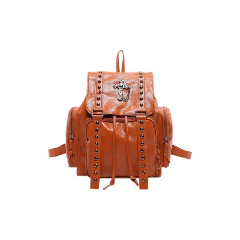 RKM PU Backpack Unisex Black/White/Rose Red/Orange-12