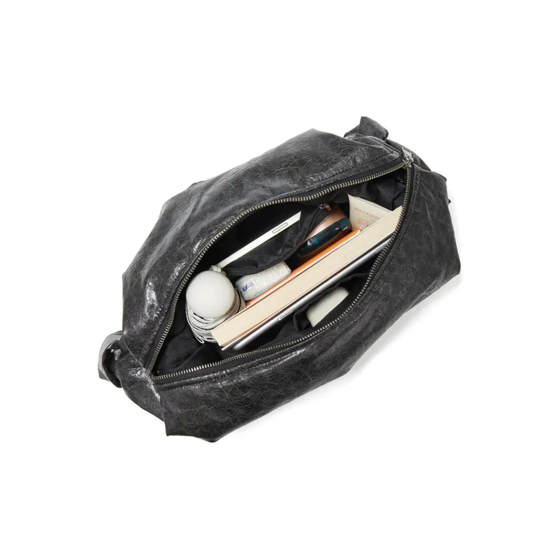 Yawei Kuroda Crackle PU Artificial Leather Dumpling Bag Crossbody Bag Regular Unisex Black Gray-6