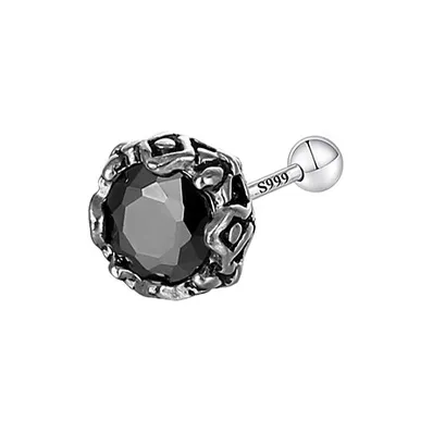 Muyan S999 Fine Silver Crown Round Zircon Stud Earring Men's-1