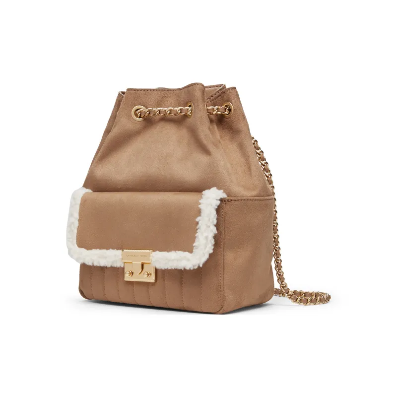 CHARLES&KEITH PU, Textile Mixture Backpack Medium Size Women's Tan Tea Brown-1