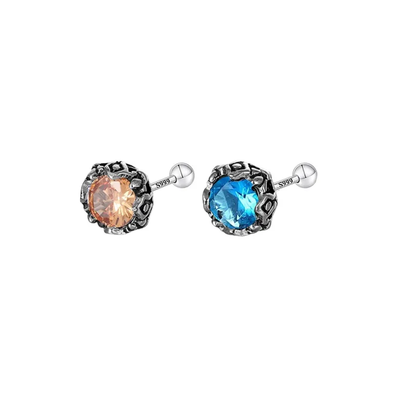 Muyan S999 Fine Silver Crown Round Zircon Stud Earring Men's-15