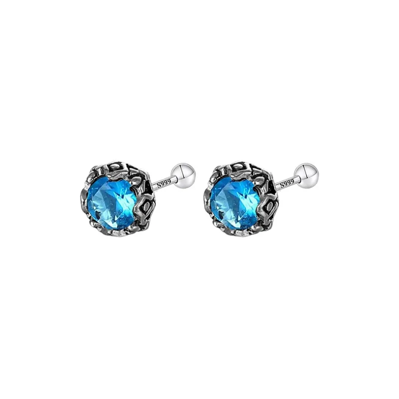 Muyan S999 Fine Silver Crown Round Zircon Stud Earring Men's-9