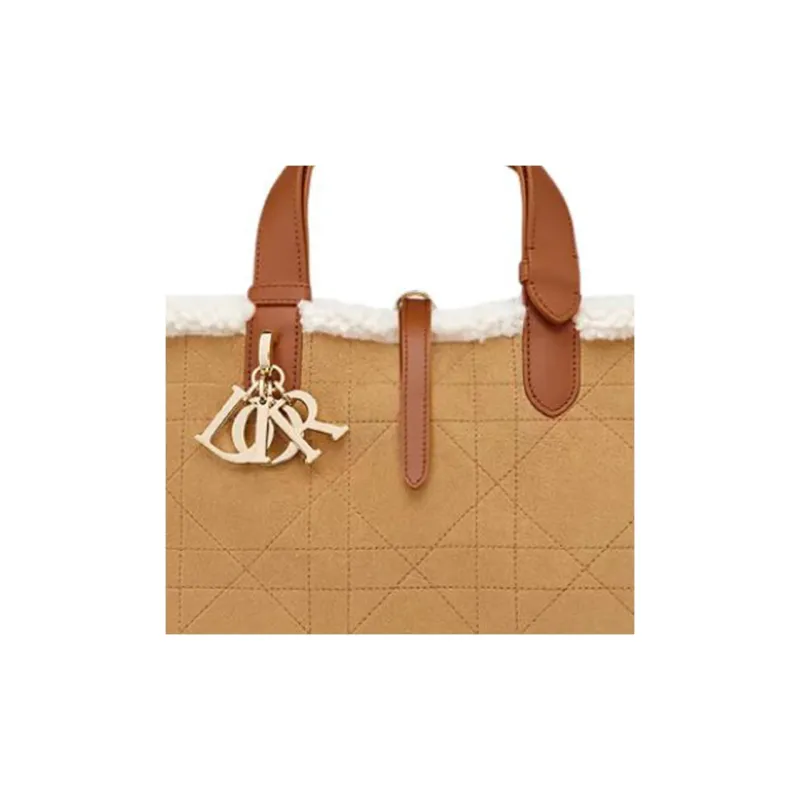 DIOR Suede With Lambskin Shearling Handbag Medium Size Women's Khaki Brown-2