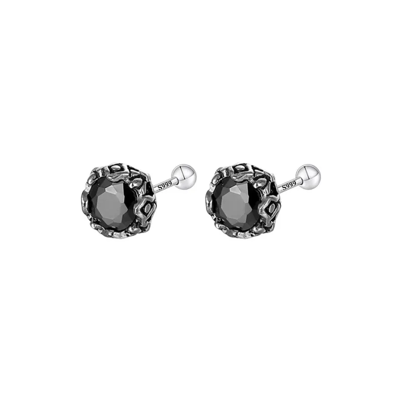 Muyan S999 Fine Silver Crown Round Zircon Stud Earring Men's-7