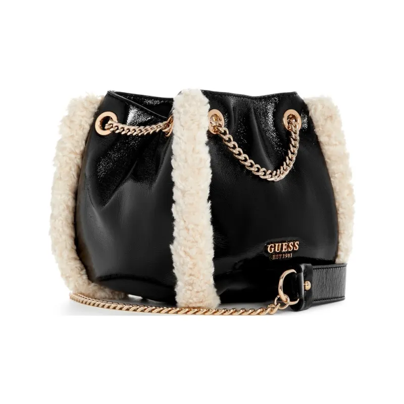 GUESS Artificial Leather Bucket Bag, Shoulder Bag Medium Size Women's Black White-1
