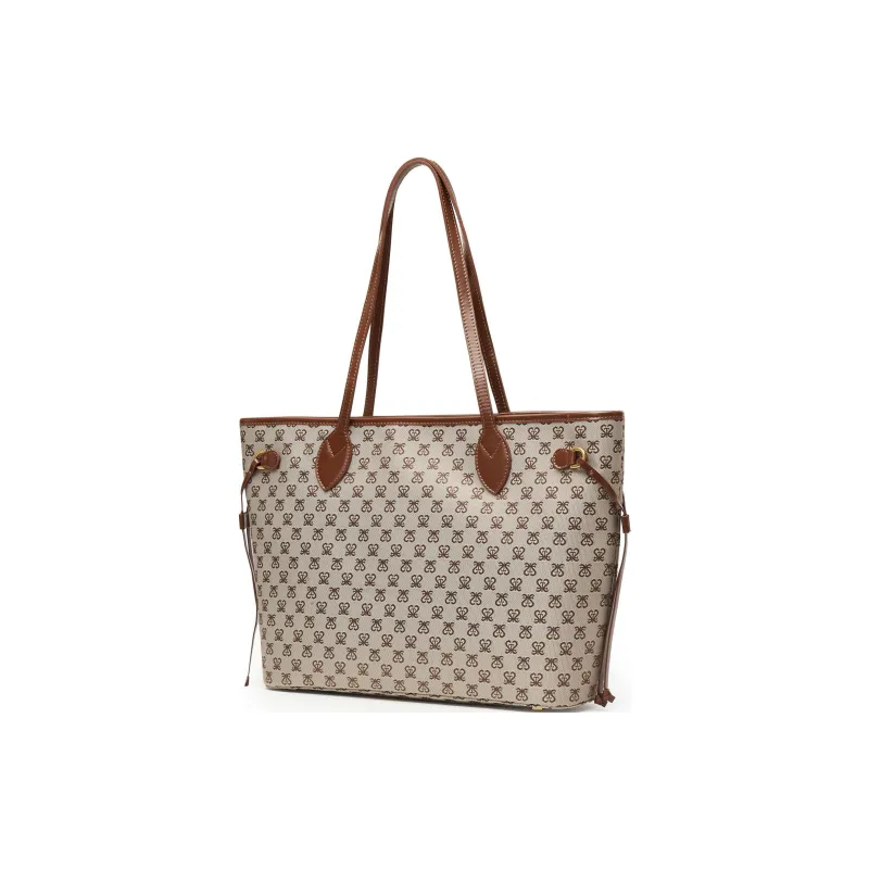 Staccato Fabric With Cow Leather Tote Bag, Shoulder Bag Tubas Women's Vintage Coffee-1