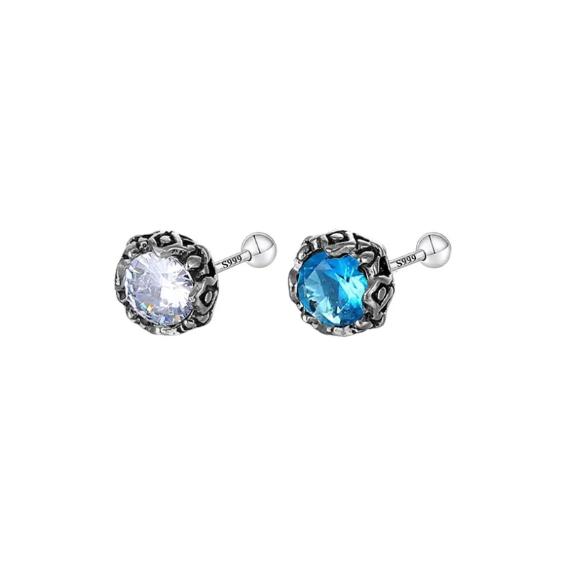 Muyan S999 Fine Silver Crown Round Zircon Stud Earring Men's-12