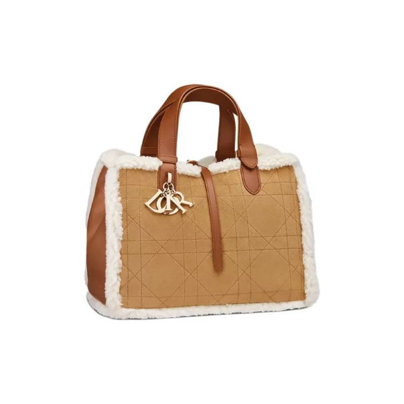 DIOR Suede With Lambskin Shearling Handbag Medium Size Women's Khaki Brown-1