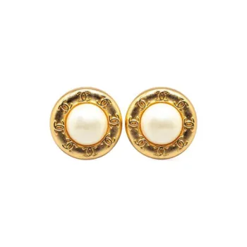 CHANEL 1970-1980 Plated Cc Faux Pearl Clip On Costume Earrings