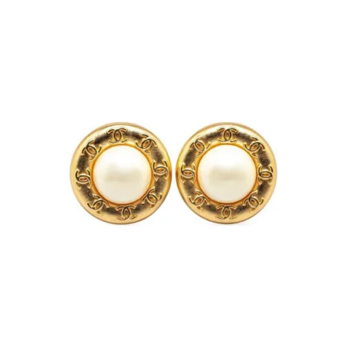CHANEL 1970-1980 Plated Cc Faux Pearl Clip On Costume Earrings
