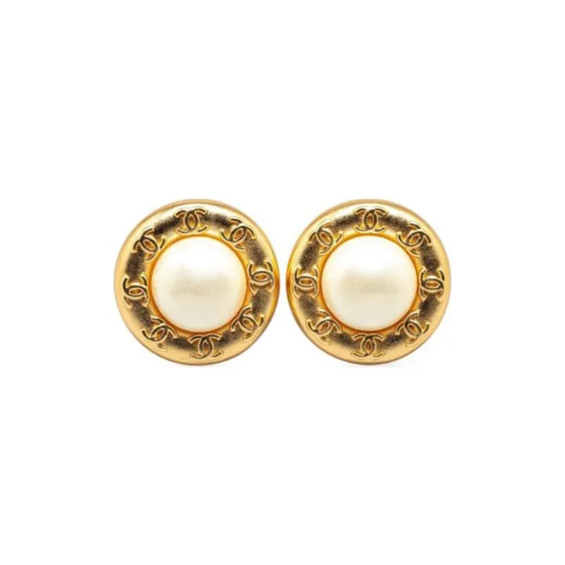 CHANEL 1970-1980 Plated Cc Faux Pearl Clip On Costume Earrings-0