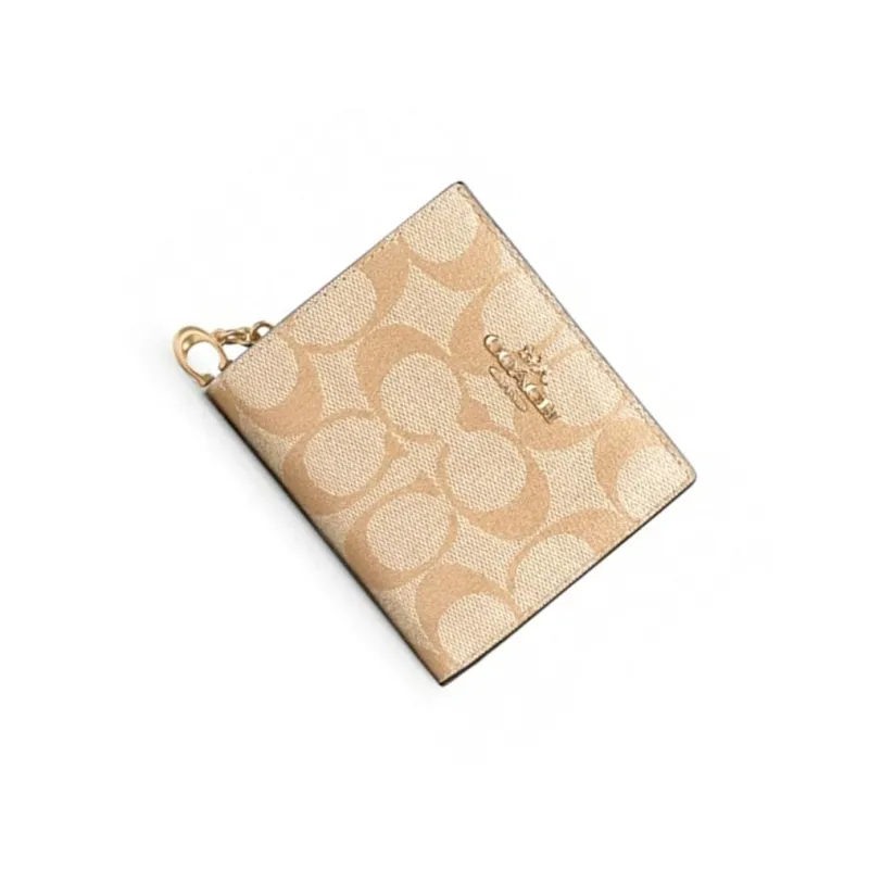 COACH Snap Wallet Canvas With Leather Card Holder, Wallet Women's Khaki Monogram-1