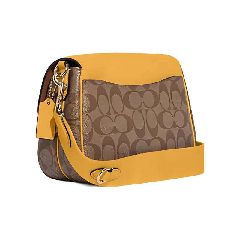 COACH Lucy Canvas With Pebbled Leather Accents Shoulder Bag Crossbody Bag Medium Size Women's Brown And Yellow-1