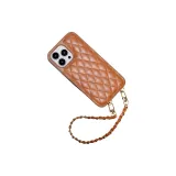 Coffee, Diamond-Patterned Leather Case with Small Charm Bracelet