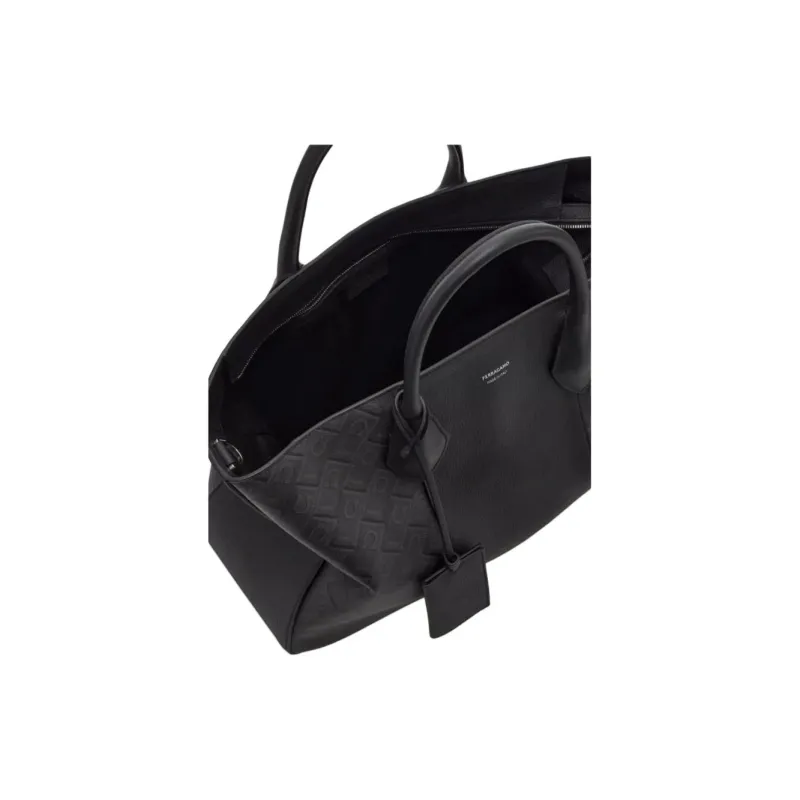 FERRAGAMO Synthetic Leather Tote Bag, Shopping Bag, Shoulder Bag, Handbag Large Size Men's Black & Gray-5