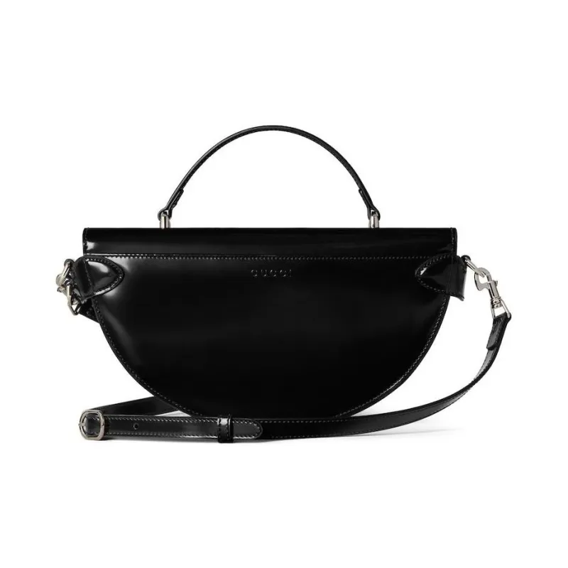 GUCCI Shiny Leather Crescent Bag Shoulder Bag Crossbody Bag Handbag Small Size Women's Black-3