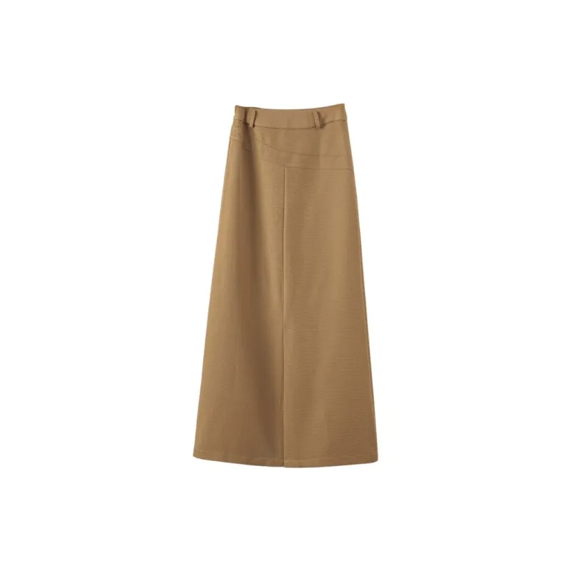 Late White Casual Long Skirts Women's Camel-3