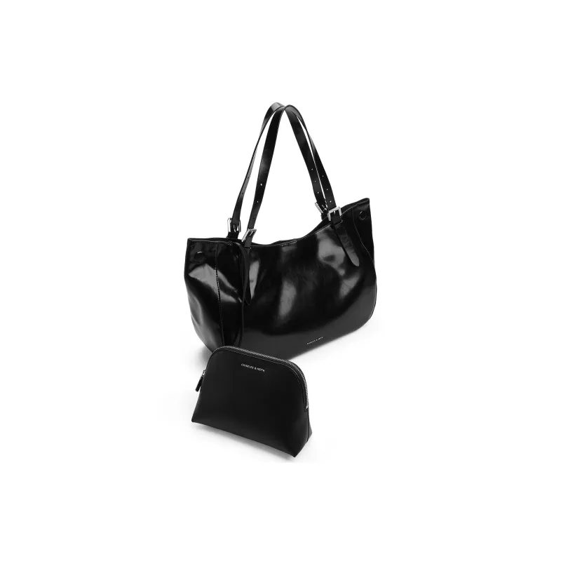 CHARLES&KEITH PU Shoulder Bag Regular Large Size Women's Noir Black/Grey Gray-2