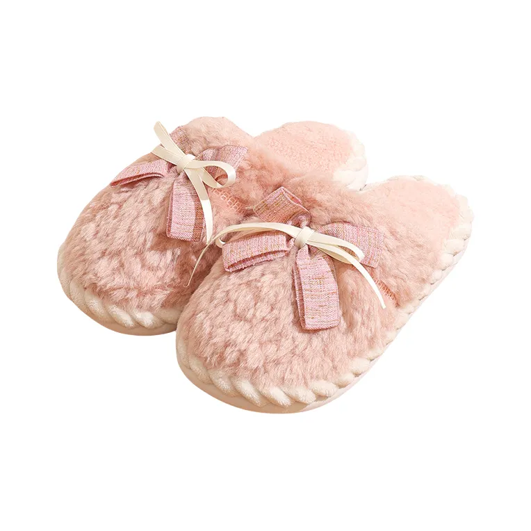 Yalu Home Bowknot Fuzzy Slippers Thickened Plush Slip Resistant Cotton Slipper For Indoor Bedroom Winter Warmth Women's-0