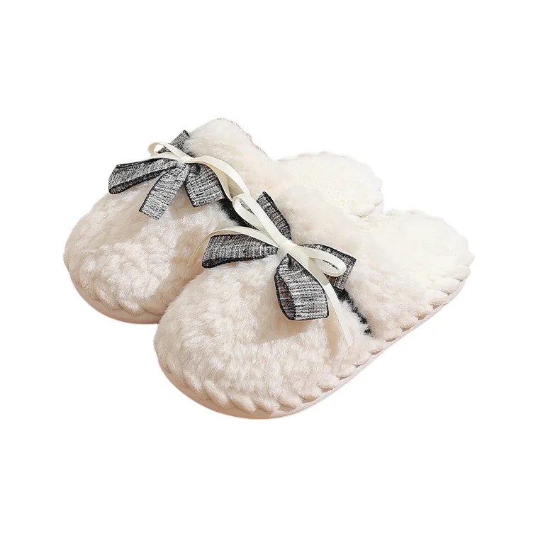 Yalu Home Bowknot Fuzzy Slippers Thickened Plush Slip Resistant Cotton Slipper For Indoor Bedroom Winter Warmth Women's-8