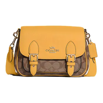 COACH Lucy Canvas With Pebbled Leather Accents Shoulder Bag Crossbody Bag Medium Size Women's Brown And Yellow