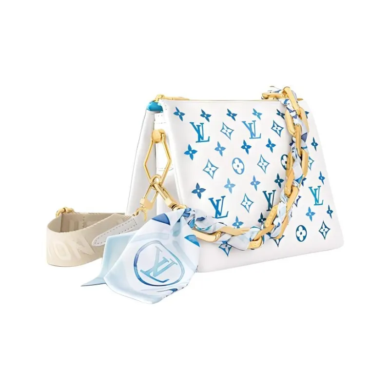 LOUIS VUITTON Coussin Leather Handbag, Shoulder Bag, Crossbody Bag Trumpets Women's White & Blue-1