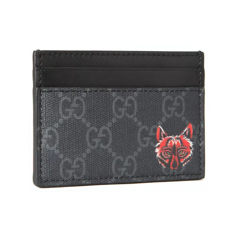 GUCCI Canvas With Leather Card Clip Card Holder Men's Black Gray Color/Red-1