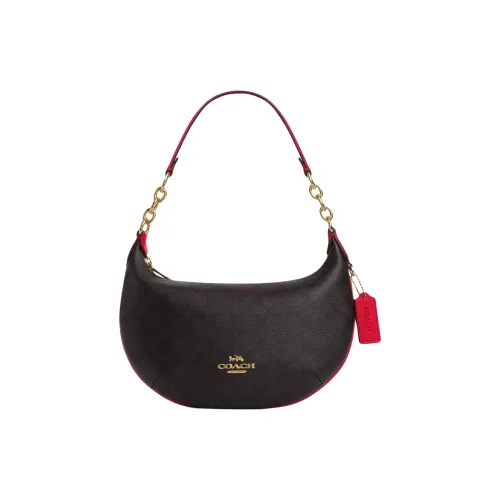 COACH Peyton Coated Canvas Hobo Bag Handbag Shoulder Bag Large Size Women's Walnut Wood & Bold Red