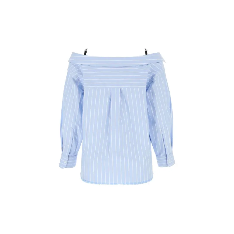 T By Alexander Wang Off Shoulder Boyfriend Charm Bra Strap Shirt Oxford Blue/White-1