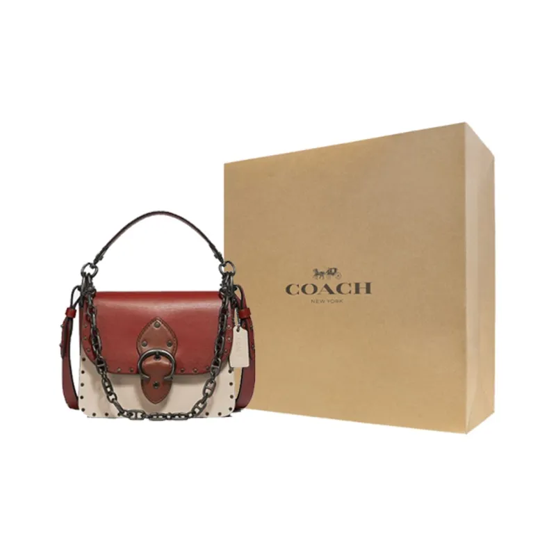 COACH Beat Leather Square Bag, One Shoulder Handbag, Crossbody Bag Small Size Women's Red White-6