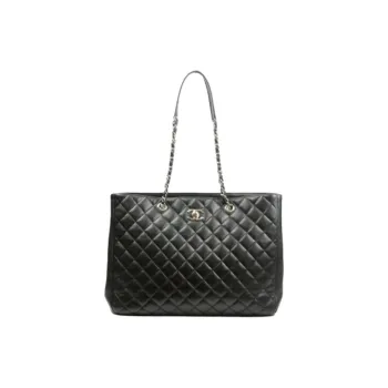 CHANEL Lambskin Tote Bag Shopping Bag Handbag Shoulder Bag Large Size Unisex Black