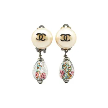 CHANEL 1980 1990 Faux Pearl Cc Drop Clip On Costume Earrings