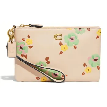 COACH Wristlet Cow Leather Wrist Bags Clutches Small Size Women's Beige Yellow