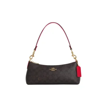 COACH Charlotte Coated Canvas Shoulder Bag Portable Crossbody Bag Shoulder Bag Medium Size Women's Walnut Wood Bold Red