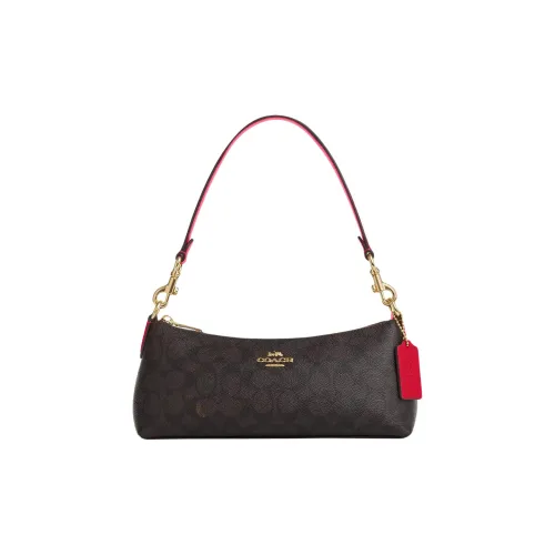 COACH Charlotte Coated Canvas Shoulder Bag Portable Crossbody Bag Shoulder Bag Medium Size Women's Walnut Wood Bold Red