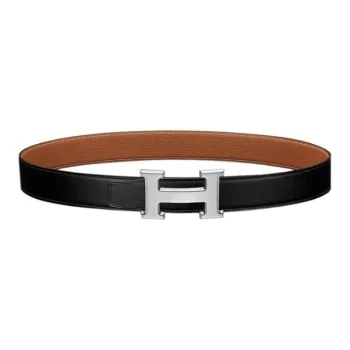 HERMES Palladium Plated Calfskin Leather Belts Men's Black 3.2CM