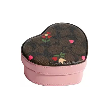 COACH Heart Canvas With Leather Heart Box Makeup Bag Small Size Women's Brown/Pink Multicolor