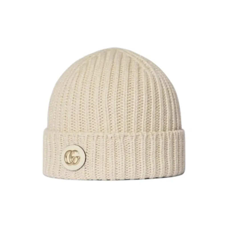 GUCCI Knitted Fabric, Wool, Metal, Leather Beanies Unisex Beige-1