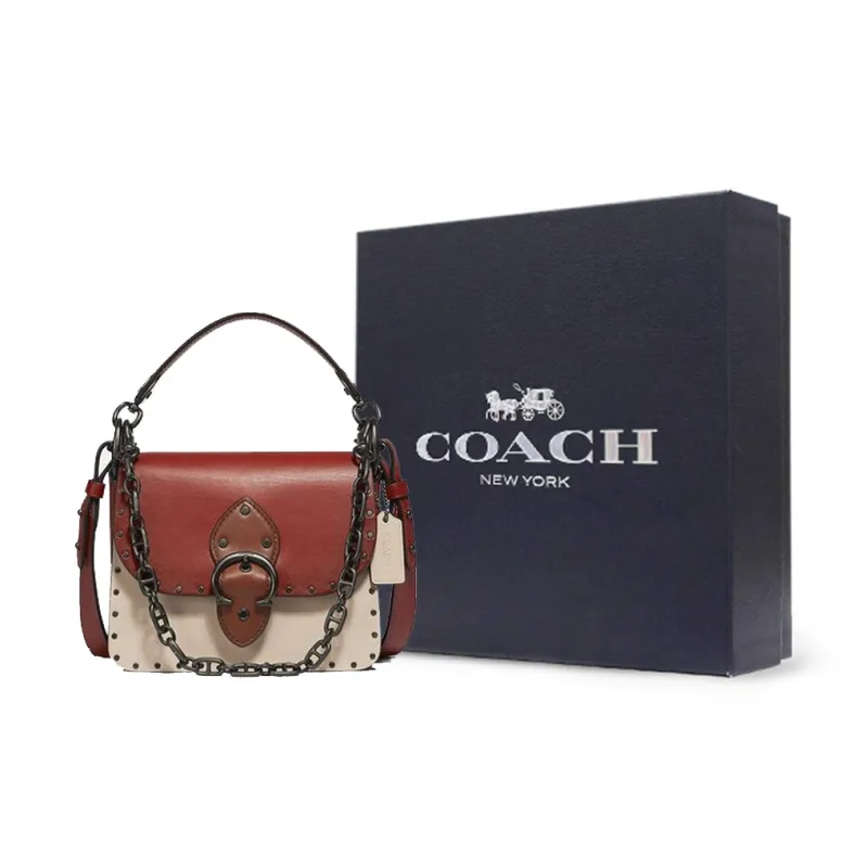 COACH Beat Leather Square Bag, One Shoulder Handbag, Crossbody Bag Small Size Women's Red White-8
