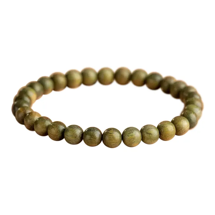 FANGYUANXIAOFU Green Sandalwood Plain Loop Beaded Bracelet, Single Wrap Handheld Zen Buddhist Bead Unisex-0