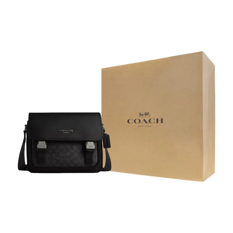 COACH Coated Canvas With Smooth Calfskin Messenger Bag, Shoulder Bag, Crossbody Bag Men's Charcoal Gray-5