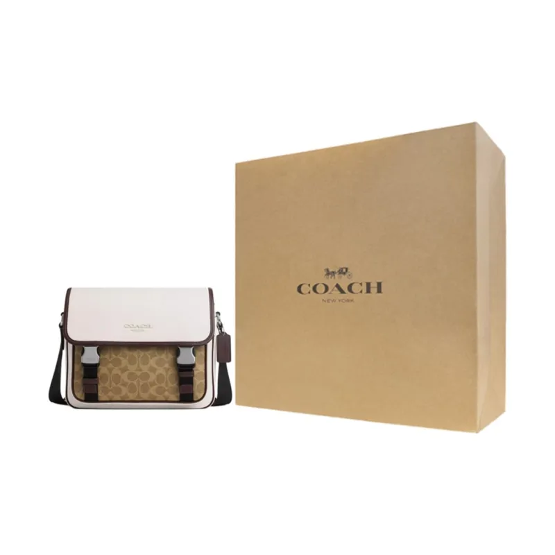 COACH Coated Canvas With Smooth Calfskin Messenger Bag, Shoulder Bag, Crossbody Bag Men's Chalk & Tan-5