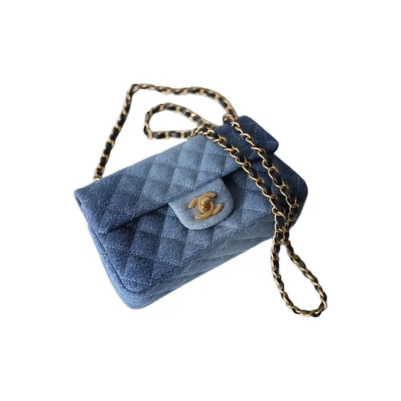 CHANEL Classic Flap CF Washed Denim Shoulder Bag, Crossbody Bag Mini Women's Blue Denim Gradient-3