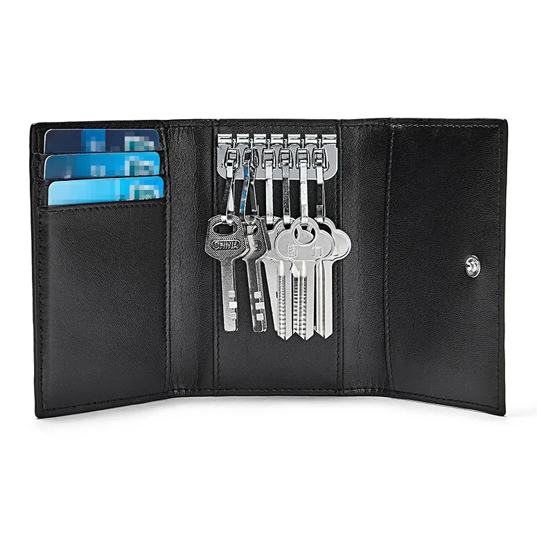 BOSTANTEN Cow Leather Multifunction Button Lock Key Pouch Card Pouch Key Pouch Unisex Black-3