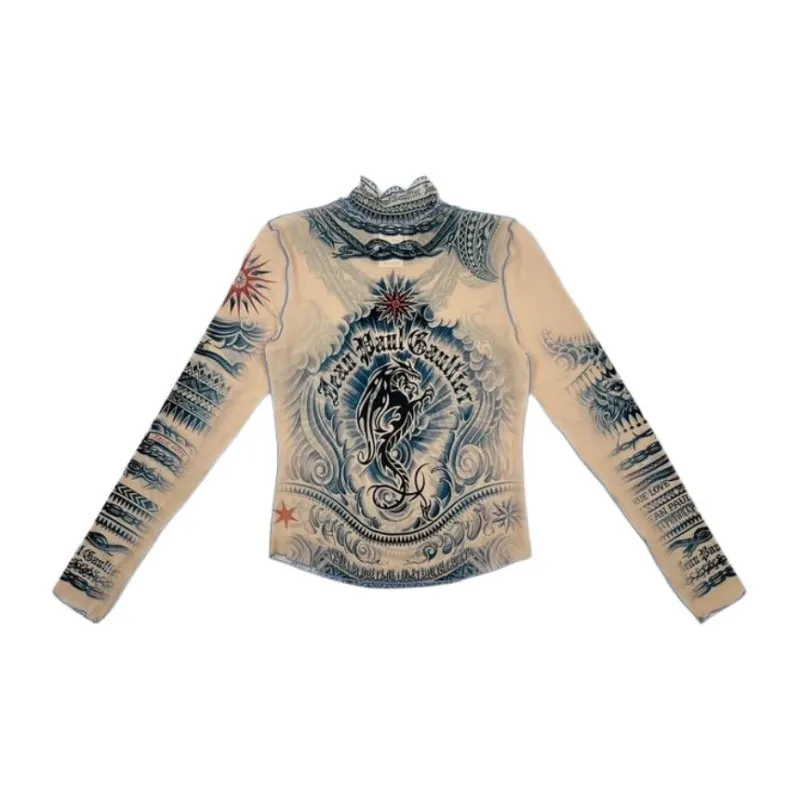 Jean Paul Gaultier Printed Soleil Long-Sleeve High Neck Cropped Top 'Nude/Blue/Red'-1