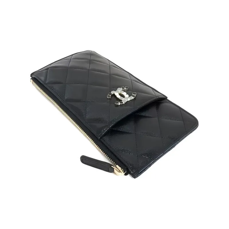CHANEL Lychee Leather Cell Phone Pouch Wallet Women's Black-2