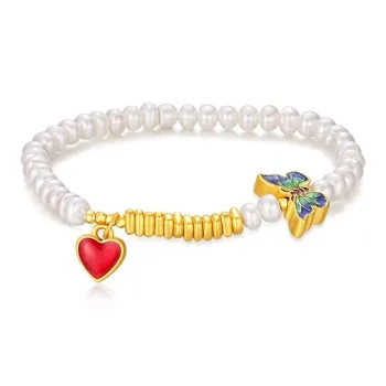 KING TAI SANG Heart Butterfly Triangle Gold Pearl # Good Luck Solid Gold 999 Fixed Price Gold Bracelet Women's